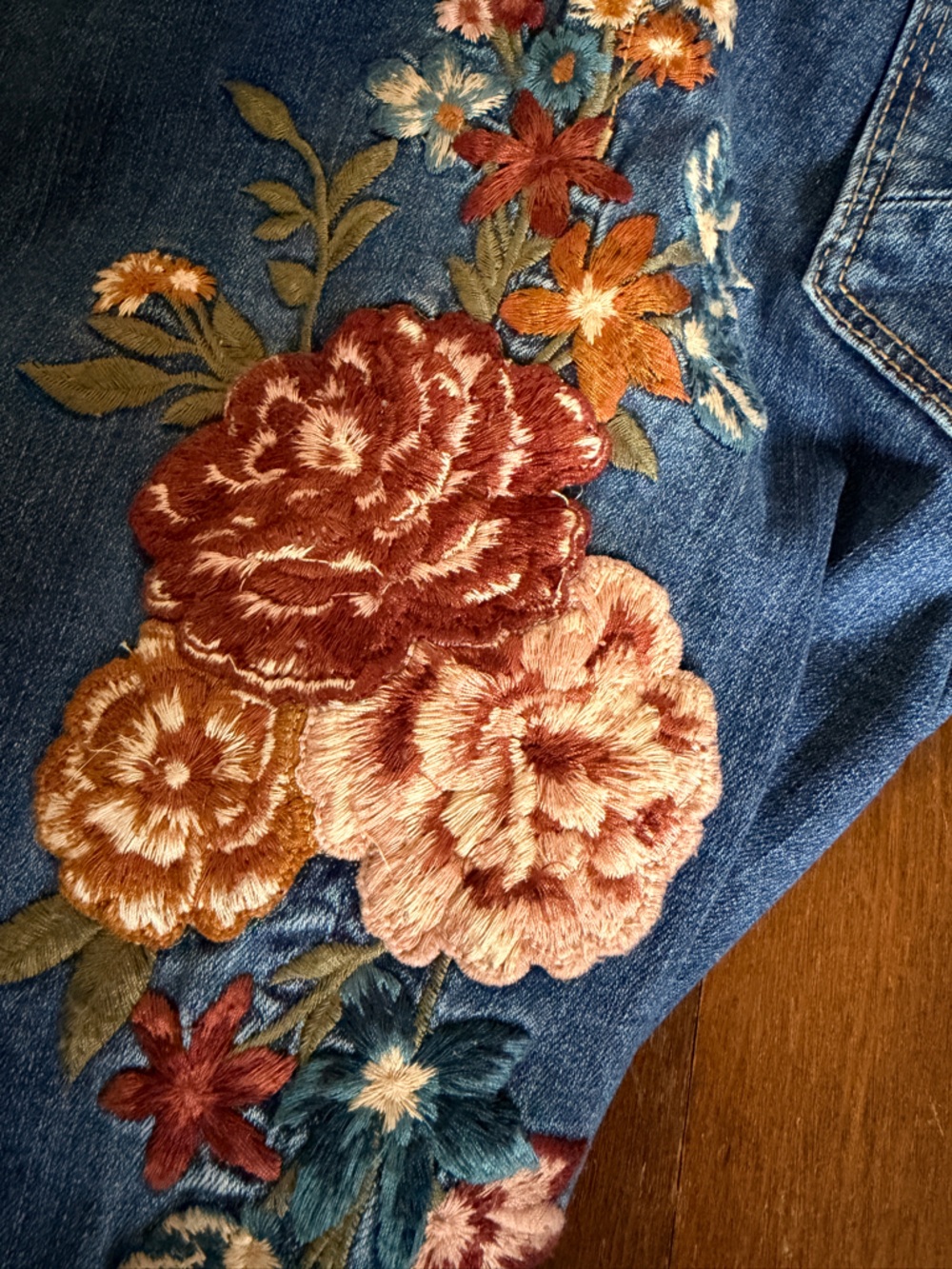 🌸DRIFTWOOD Farrah Embroidered Floral Flare Leg Denim Jumpsuit - Midnight Rose - Picture 13 of 13